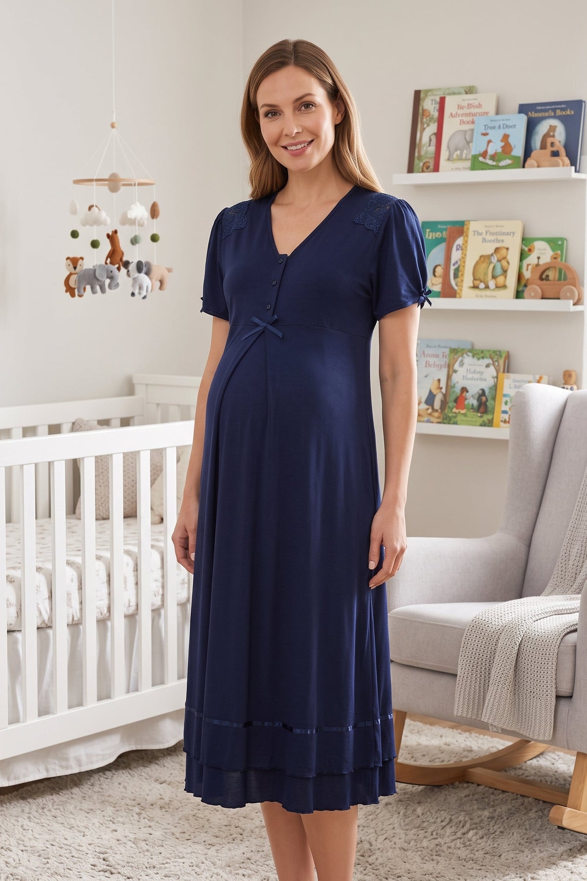 Pleated Embroidery Maternity Feeding-Friendly Nightgown Navy Blue - T8023