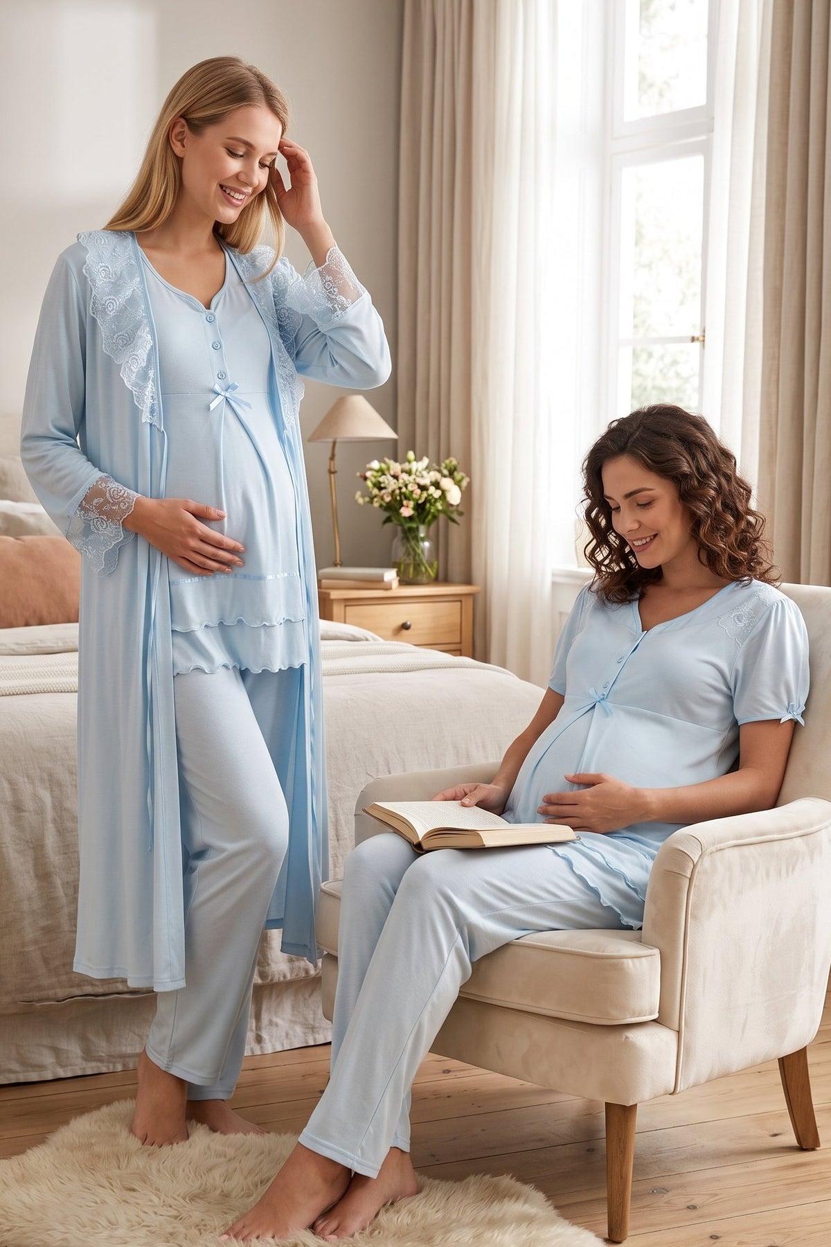 Pleated Embroidery 3-Piece Maternity Feeding-Friendly Pajama & Lacy Robe Set Blue - T8024