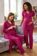 Pleated Embroidery 3-Piece Maternity Feeding-Friendly Pajama & Lacy Robe Set Cherry - T8024