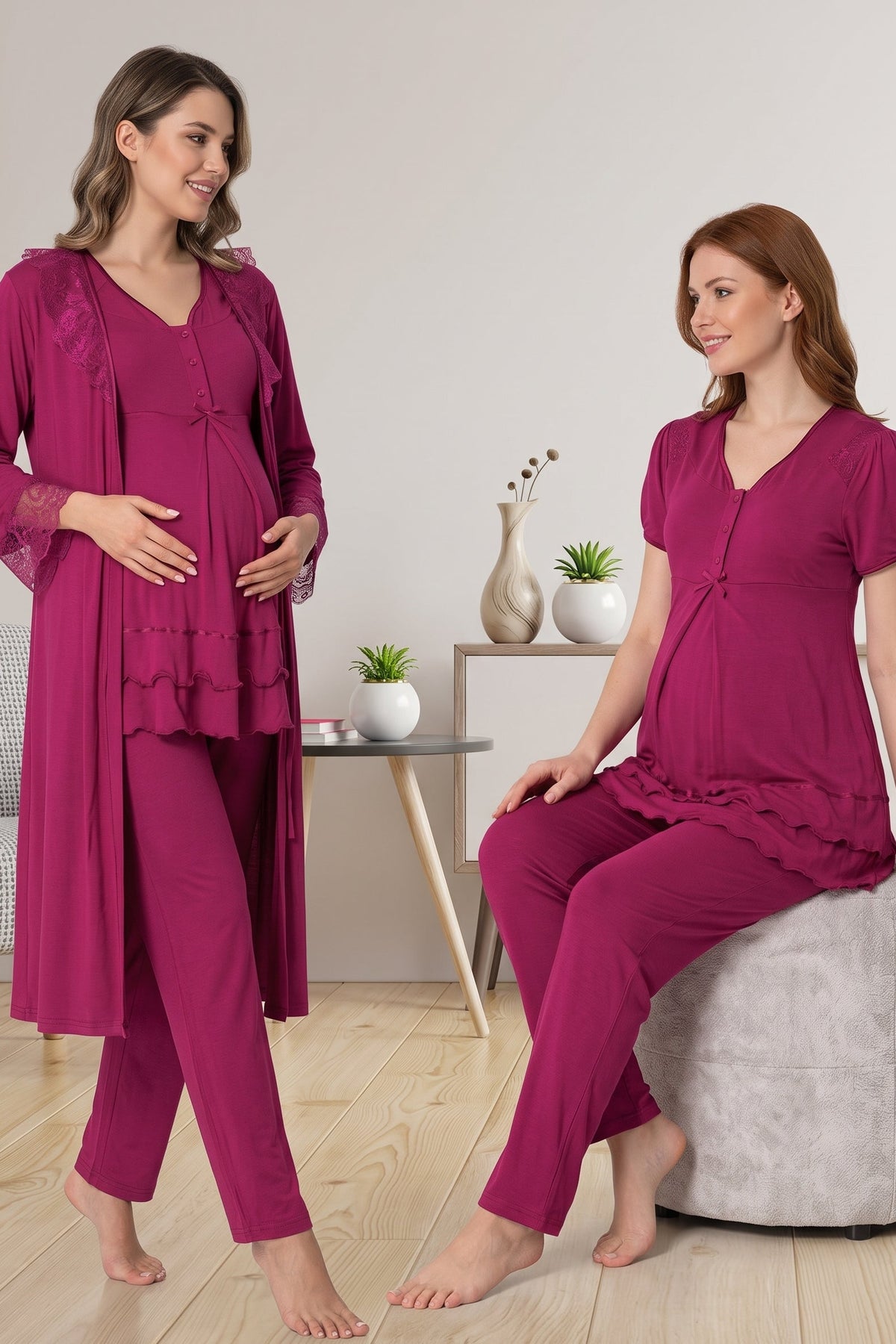 Pleated Embroidery 3-Piece Maternity Feeding-Friendly Pajama & Lacy Robe Set Cherry - T8024