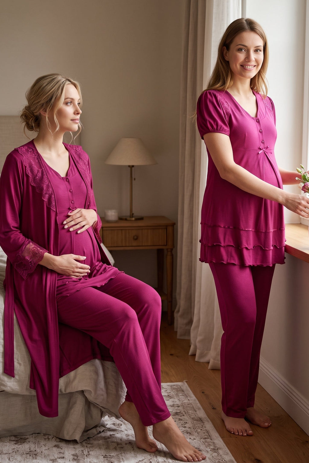 Pleated Embroidery 3-Piece Maternity Feeding-Friendly Pajama & Lacy Robe Set Cherry - T8024