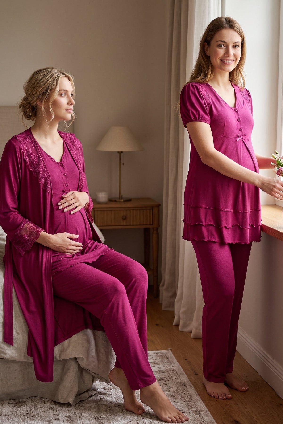 Pleated Embroidery 3-Piece Maternity Feeding-Friendly Pajama & Lacy Robe Set Cherry - T8024