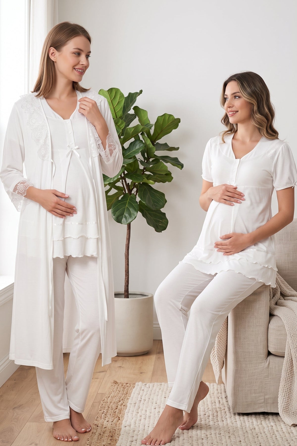 Pleated Embroidery 3-Piece Maternity Feeding-Friendly Pajama & Lacy Robe Set Ecru - T8024
