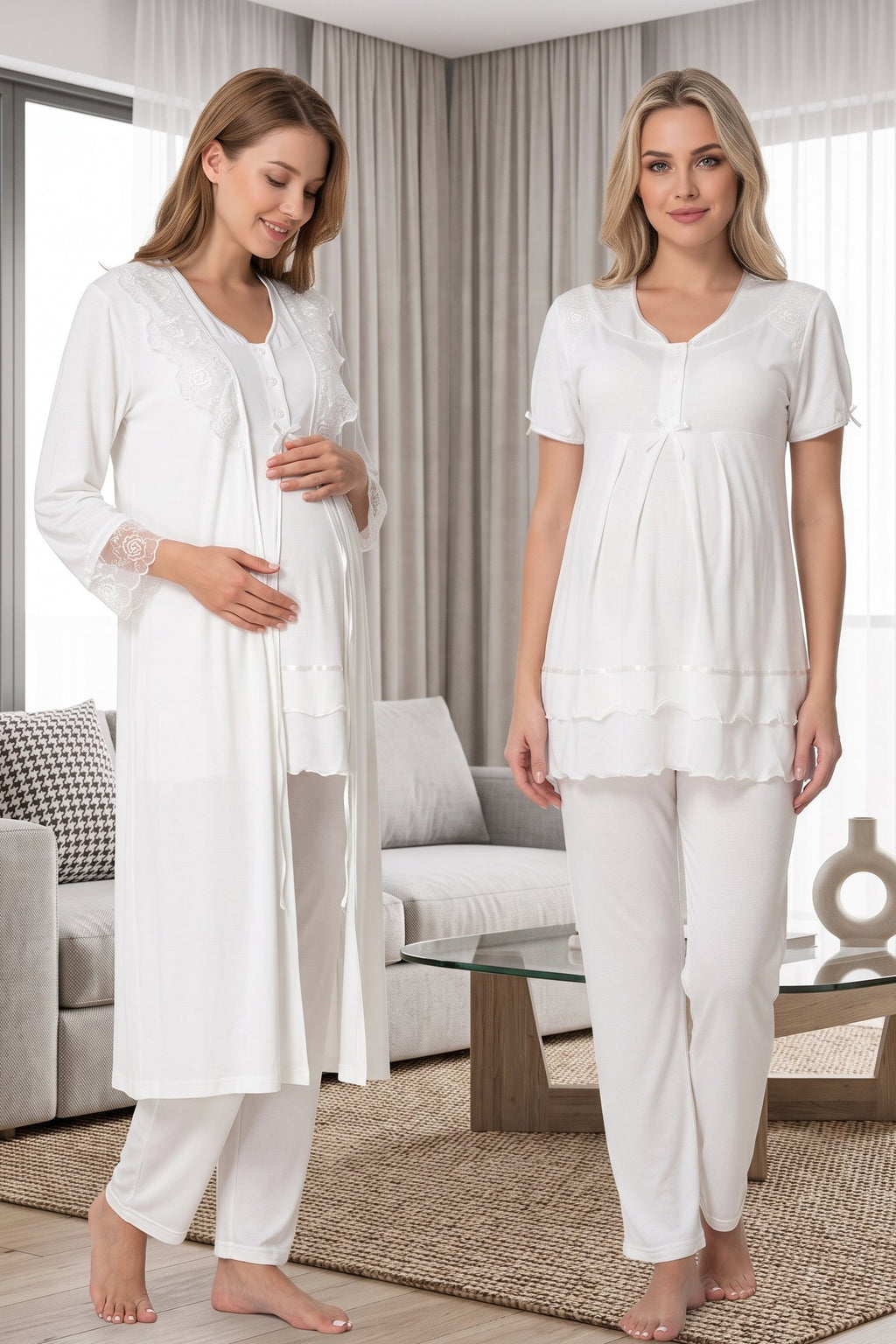 Pleated Embroidery 3-Piece Maternity Feeding-Friendly Pajama & Lacy Robe Set Ecru - T8024