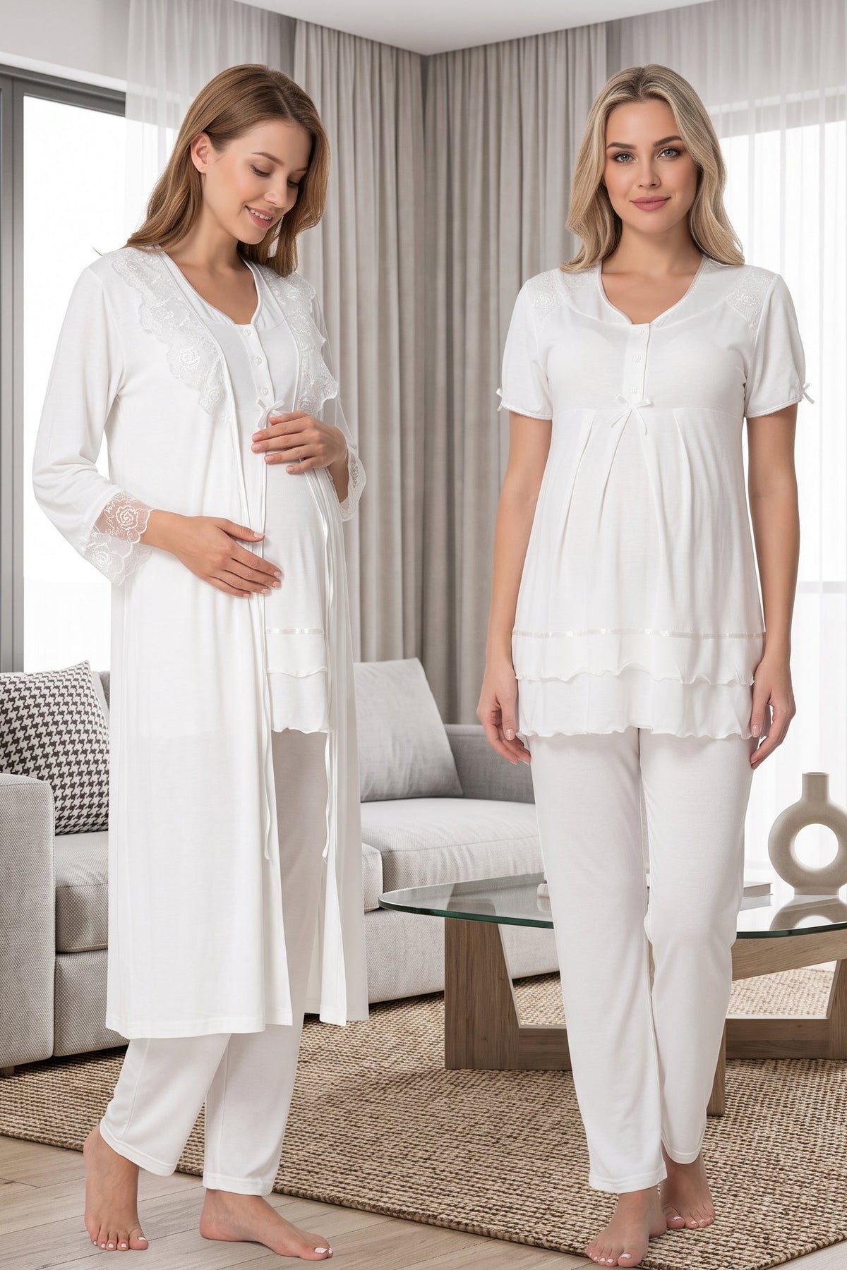 Pleated Embroidery 3-Piece Maternity Feeding-Friendly Pajama & Lacy Robe Set Ecru - T8024