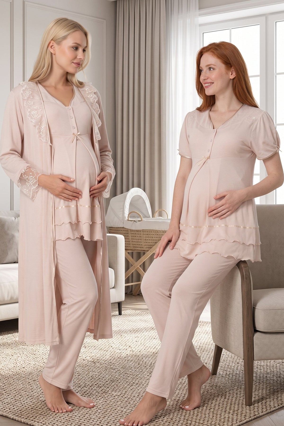 Pleated Embroidery 3-Piece Maternity Feeding-Friendly Pajama & Lacy Robe Set Mink - T8024