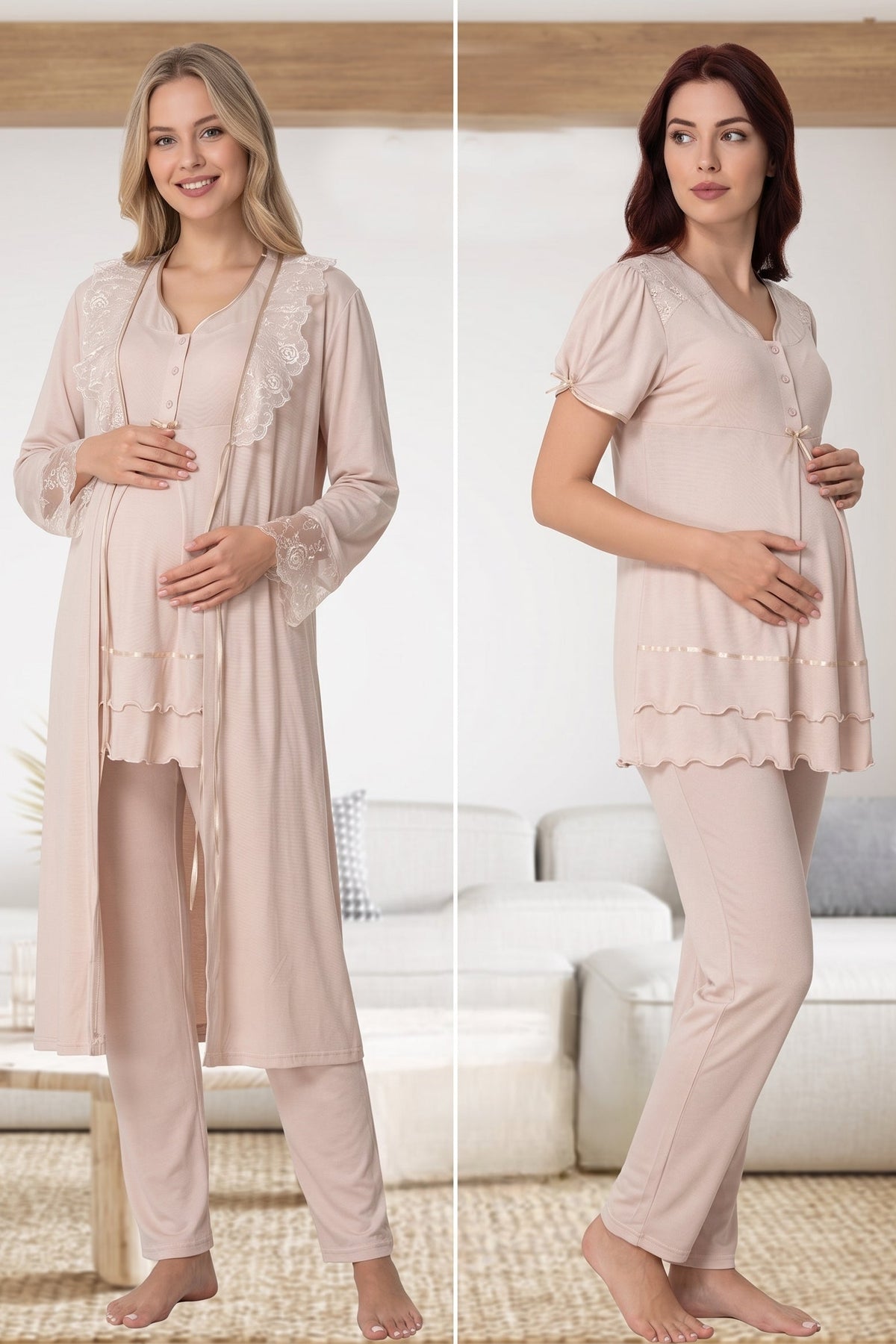 Pleated Embroidery 3-Piece Maternity Feeding-Friendly Pajama & Lacy Robe Set Mink - T8024