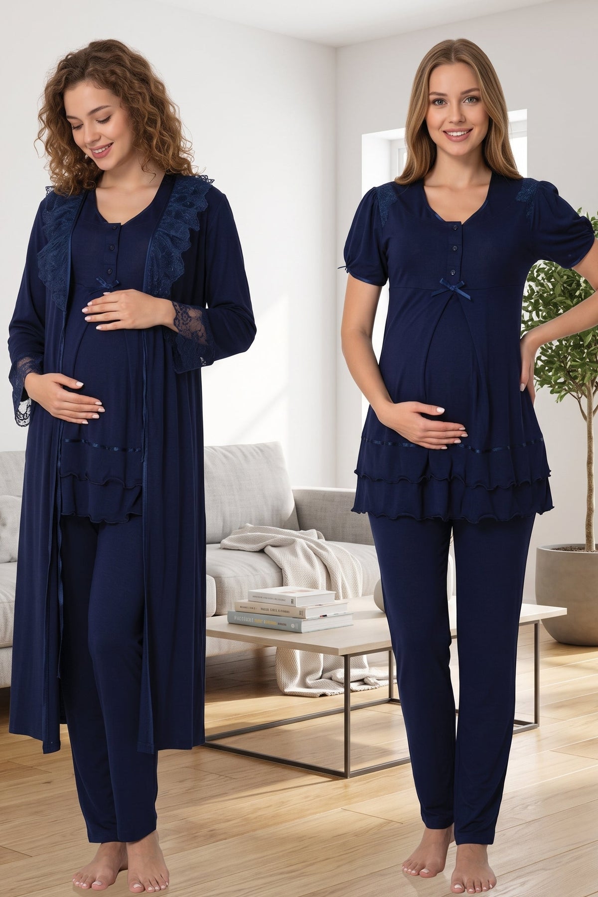 Pleated Embroidery 3-Piece Maternity Feeding-Friendly Pajama & Lacy Robe Set Navy Blue - T8024