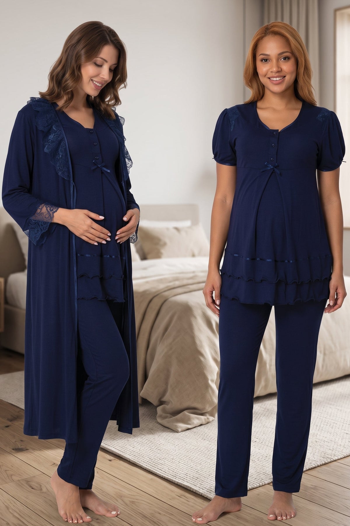 Pleated Embroidery 3-Piece Maternity Feeding-Friendly Pajama & Lacy Robe Set Navy Blue - T8024