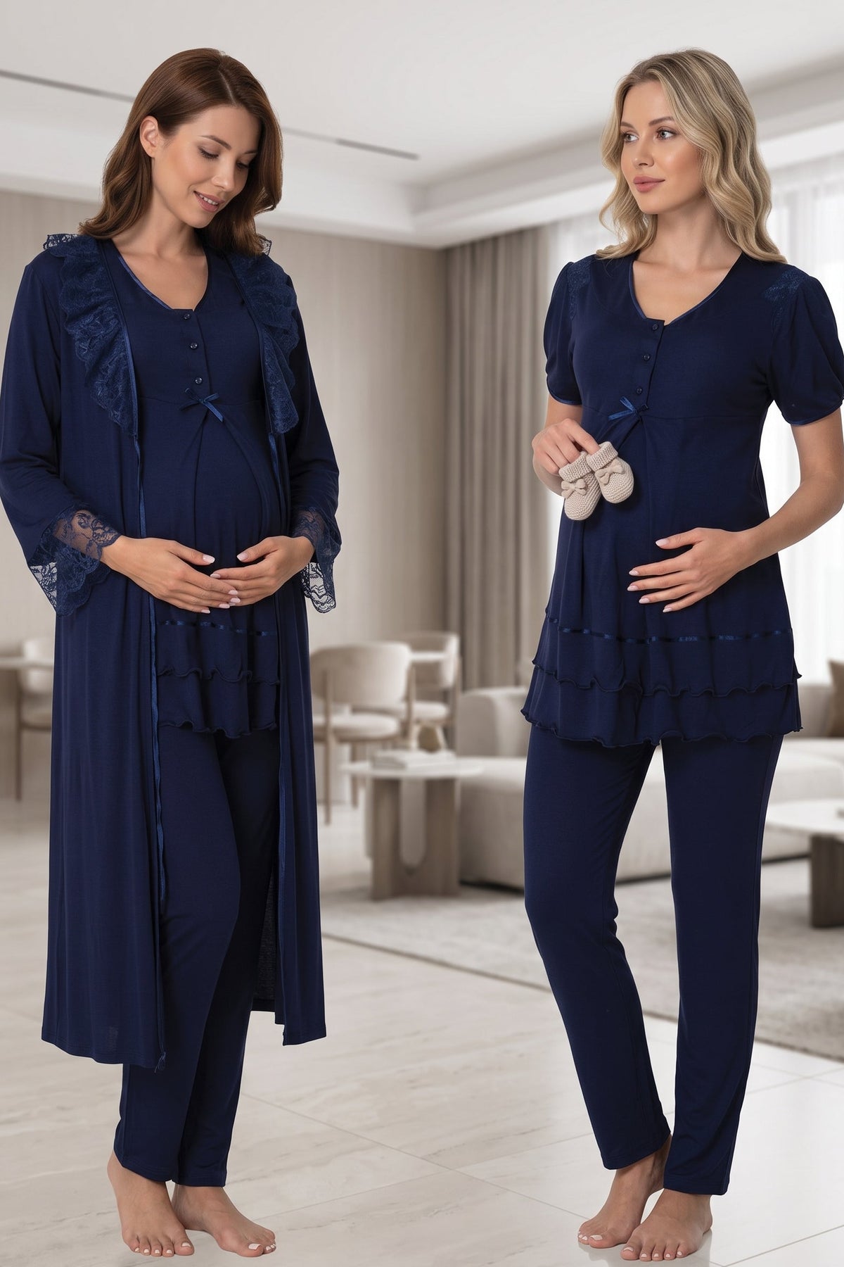 Pleated Embroidery 3-Piece Maternity Feeding-Friendly Pajama & Lacy Robe Set Navy Blue - T8024