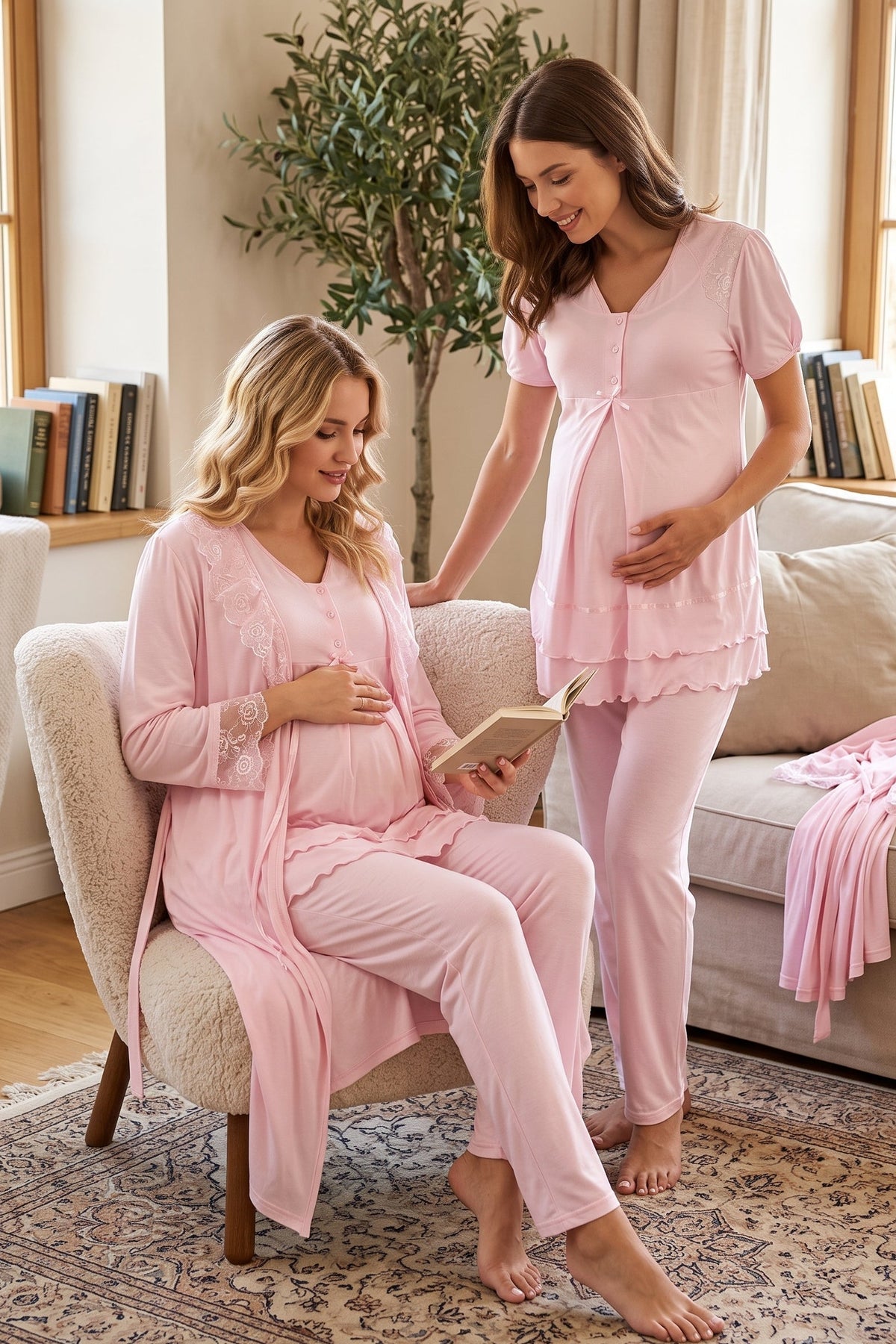 Pleated Embroidery 3-Piece Maternity Feeding-Friendly Pajama & Lacy Robe Set Pink - T8024