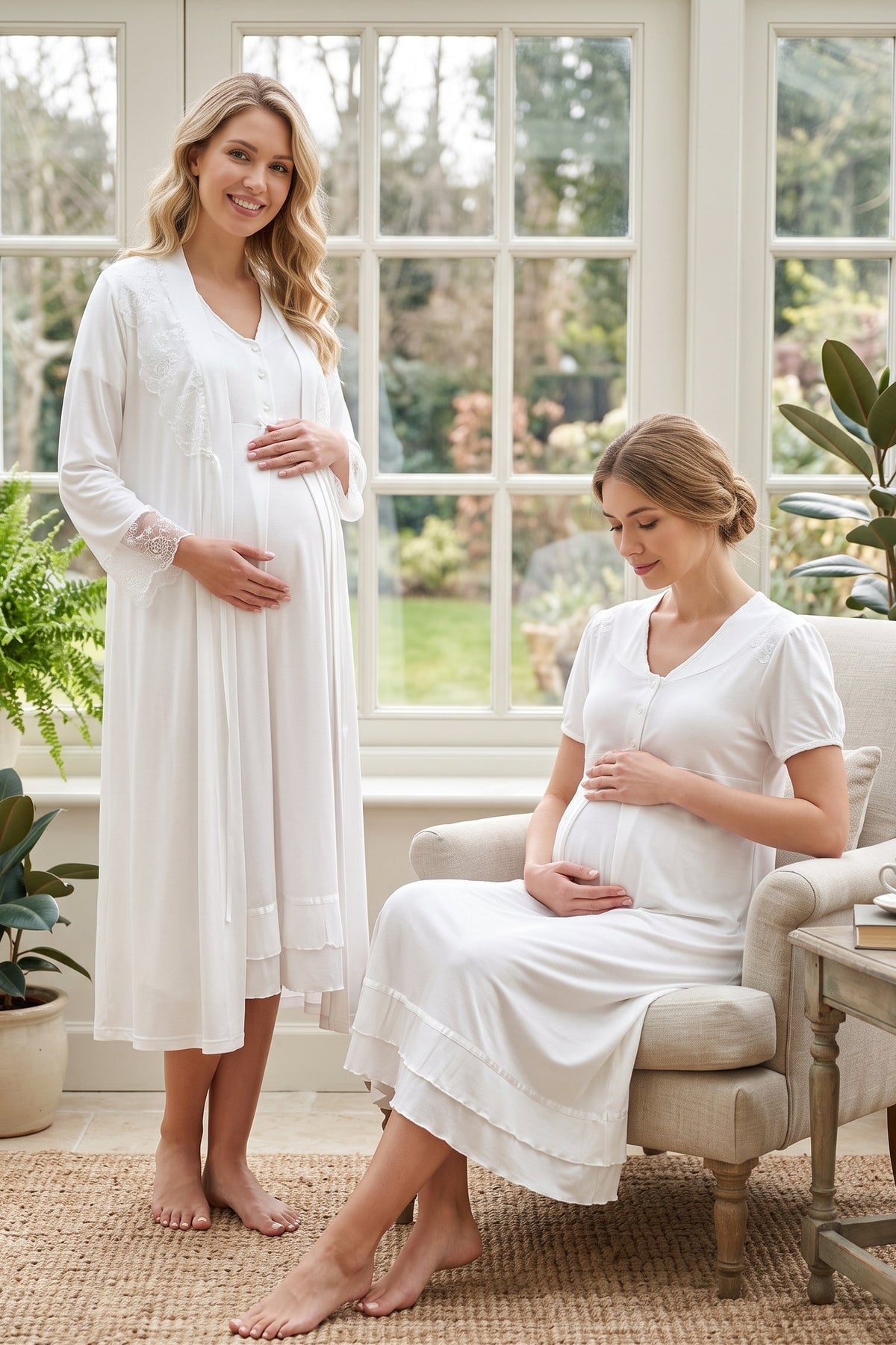 Pleated Embroidery Maternity Feeding-Friendly Nightgown & Lacy Robe Set Ecru - T8025