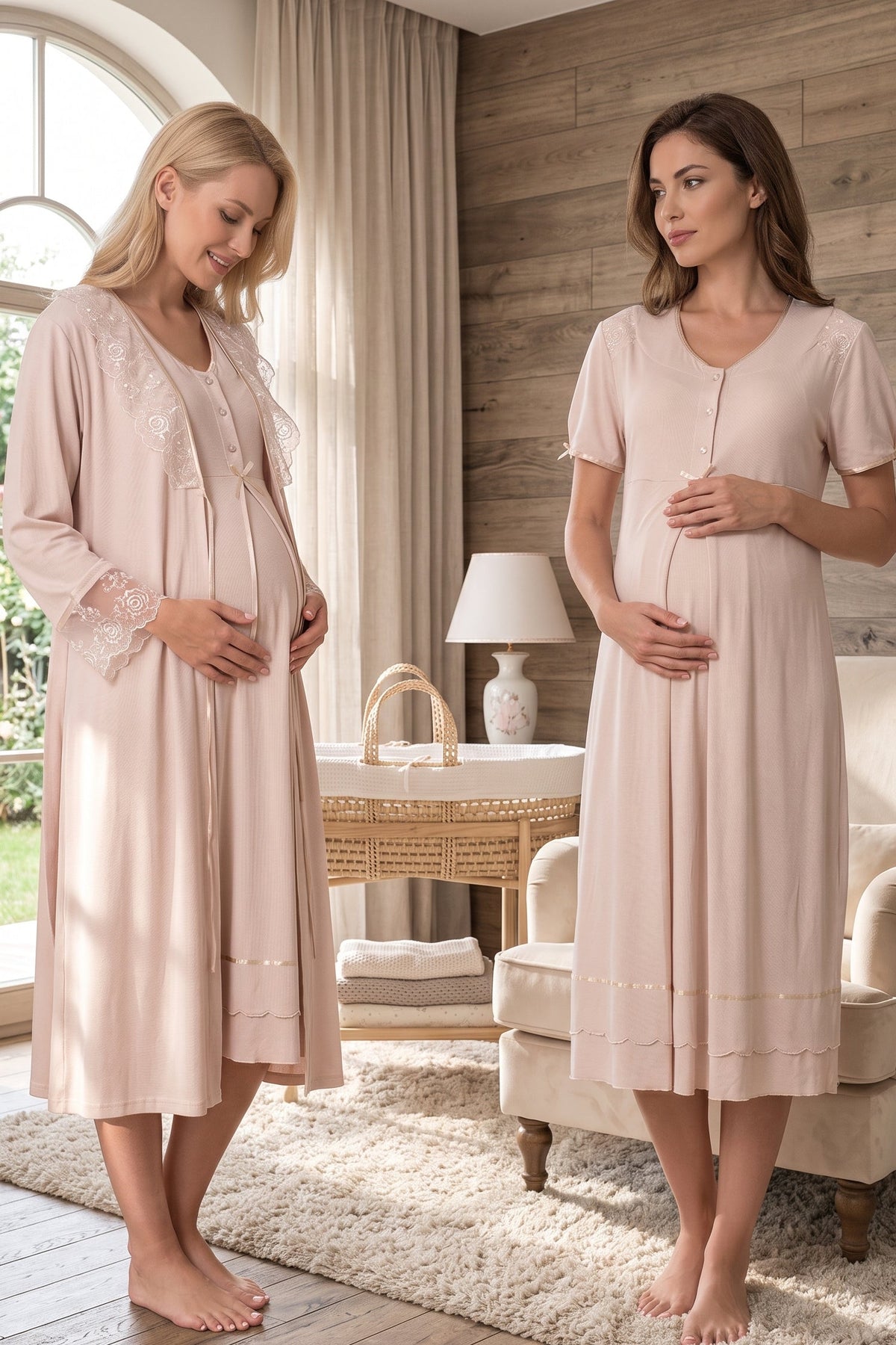 Pleated Embroidery Maternity Feeding-Friendly Nightgown & Lacy Robe Set Mink - T8025