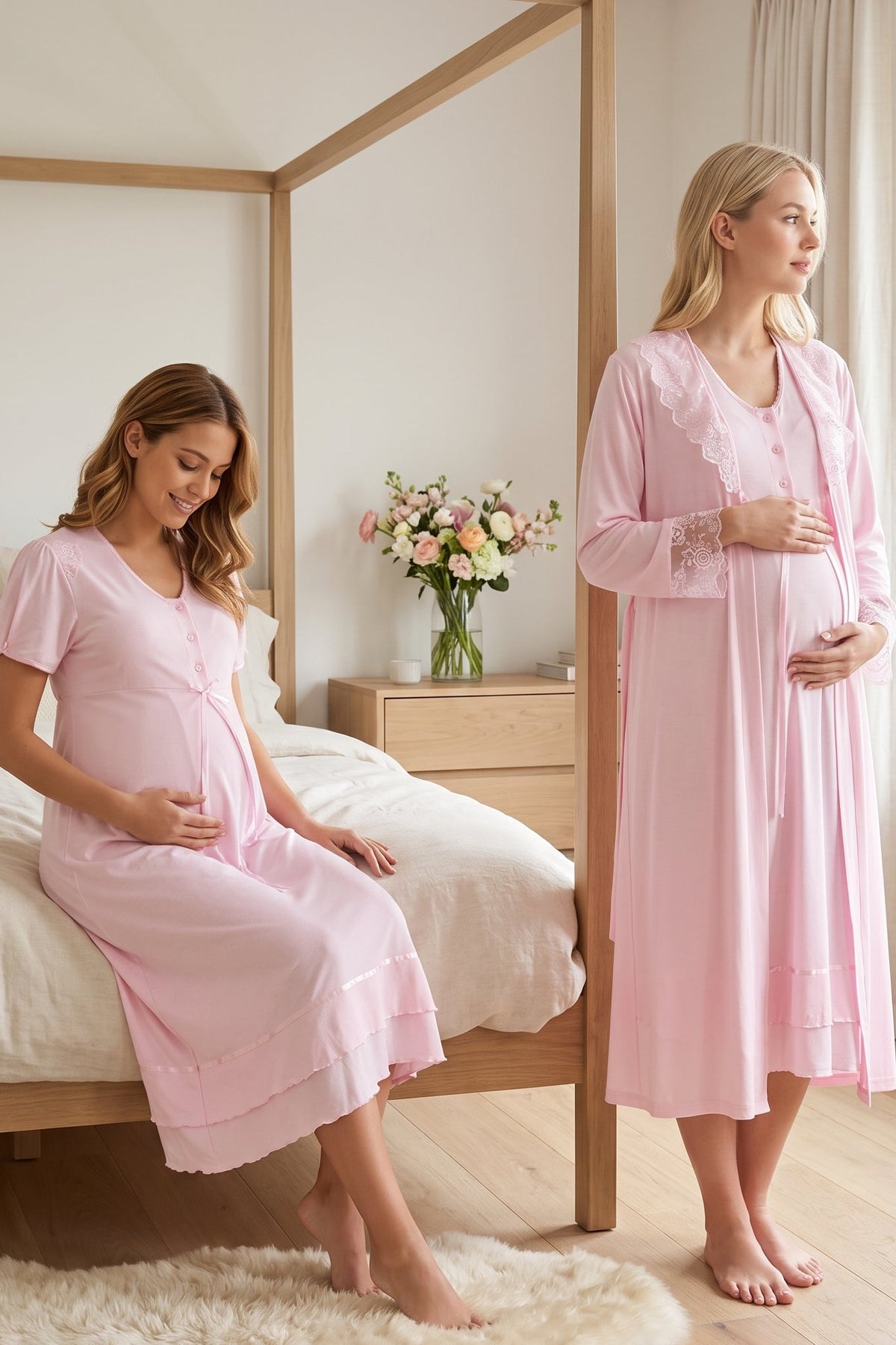 Pleated Embroidery Maternity Feeding-Friendly Nightgown & Lacy Robe Set Pink - T8025