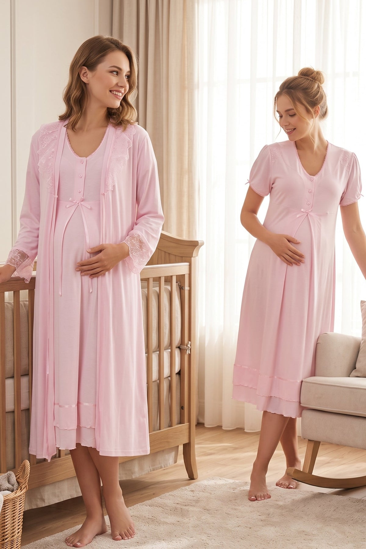 Pleated Embroidery Maternity Feeding-Friendly Nightgown & Lacy Robe Set Pink - T8025