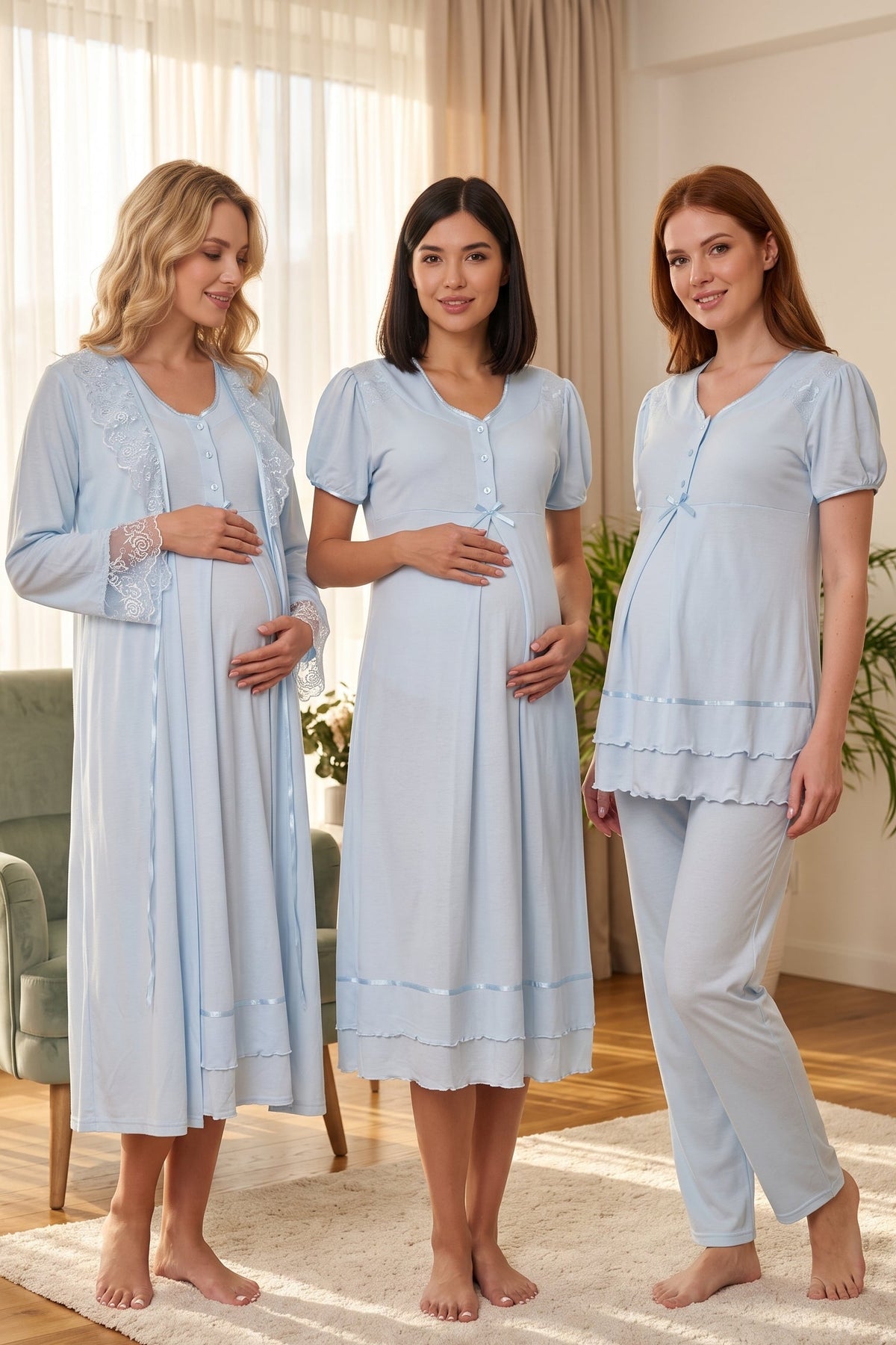 Pleated Embroidery Lacy 4-Piece Maternity Feeding-Friendly Set Blue - T8026