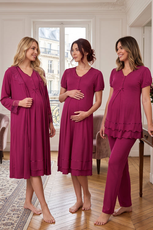 Pleated Embroidery Lacy 4-Piece Maternity Feeding-Friendly Set Cherry - T8026