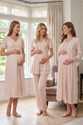 Pleated Embroidery Lacy 4-Piece Maternity Feeding-Friendly Set Mink - T8026