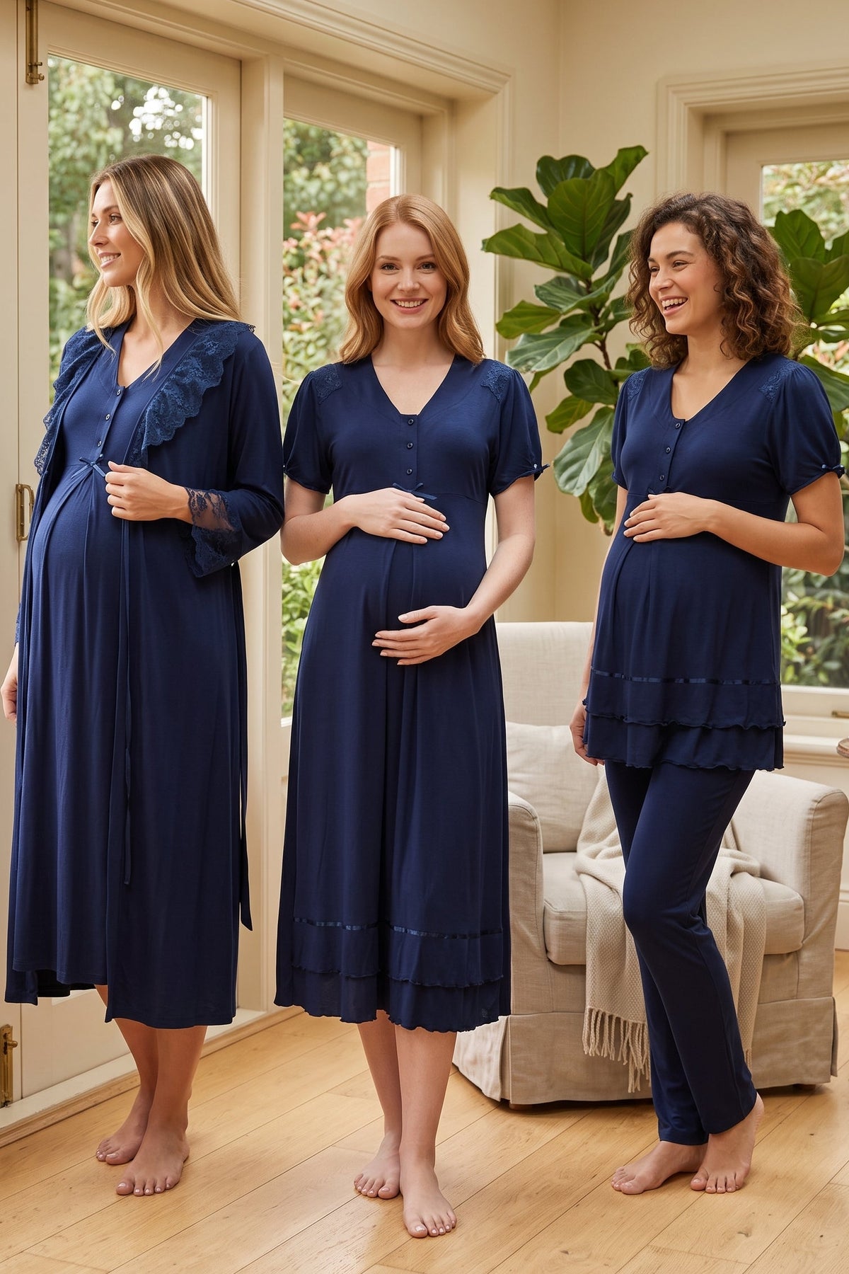 Pleated Embroidery Lacy 4-Piece Maternity Feeding-Friendly Set Navy Blue - T8026