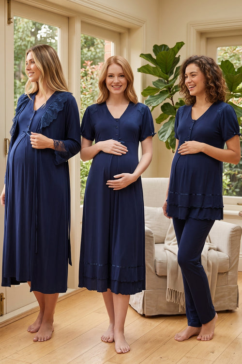 Pleated Embroidery Lacy 4-Piece Maternity Feeding-Friendly Set Navy Blue - T8026