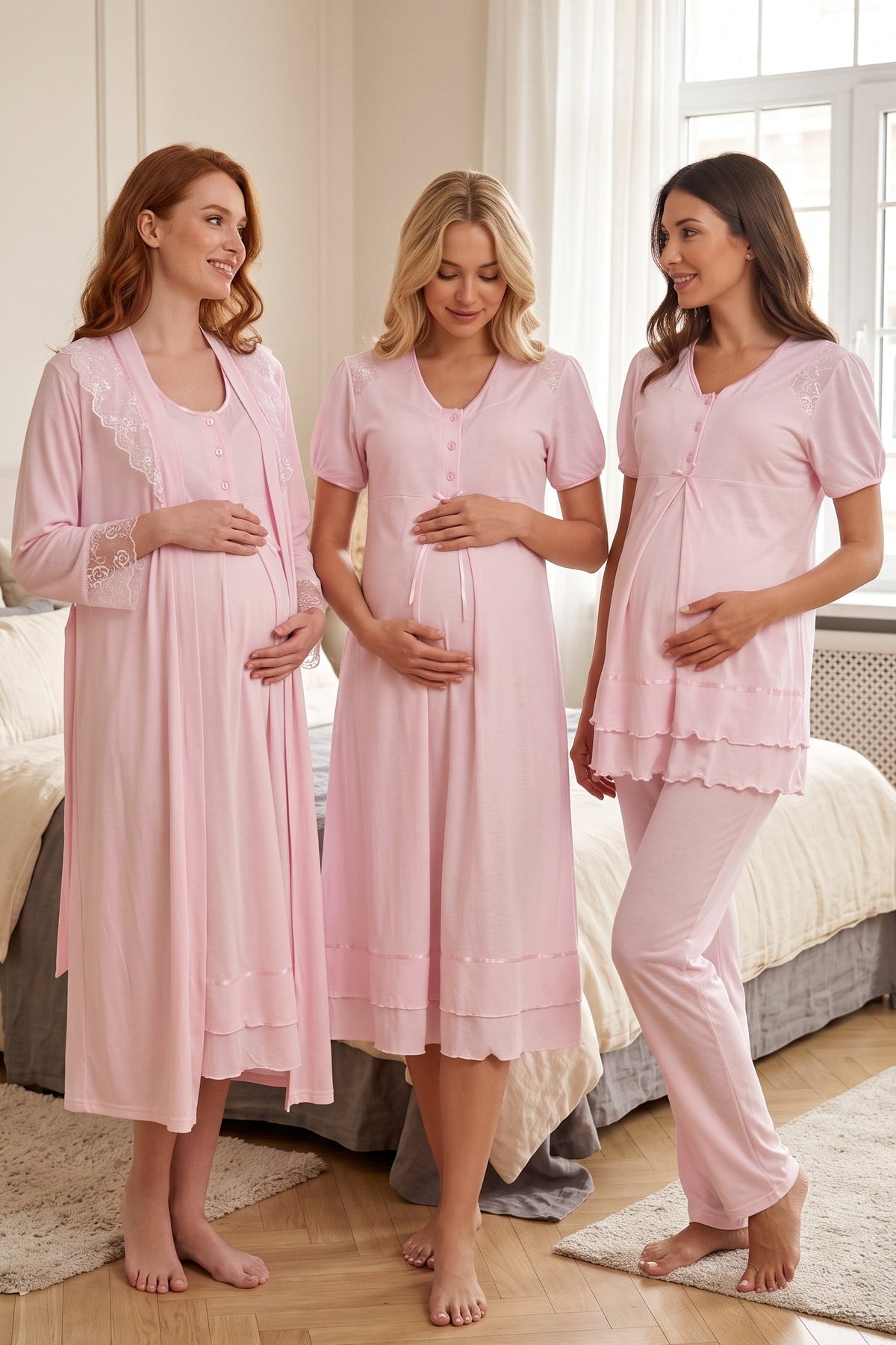 Pleated Embroidery Lacy 4-Piece Maternity Feeding-Friendly Set Pink - T8026