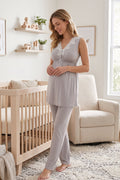 Elegant Lace Collar Maternity Feeding-Friendly Pajama Set Grey - T8032