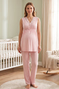 Elegant Lace Collar Maternity Feeding-Friendly Pajama Set Pink - T8032