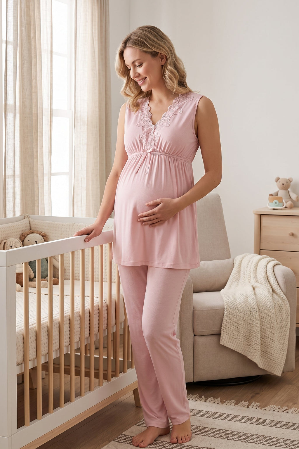 Elegant Lace Collar Maternity Feeding-Friendly Pajama Set Pink - T8032