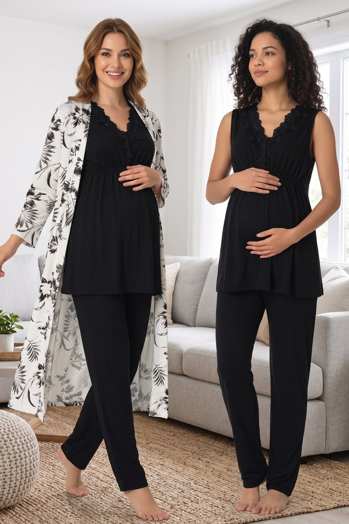 Elegant Lace Collar 3-Piece Maternity Feeding-Friendly Pajama & Patterned Robe Set Black - T8034
