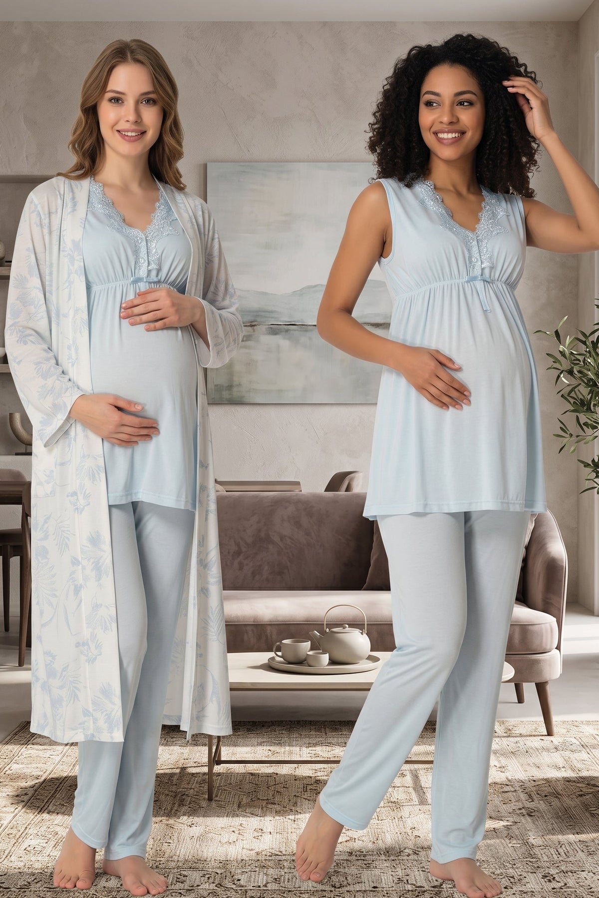 Elegant Lace Collar 3-Piece Maternity Feeding-Friendly Pajama & Patterned Robe Set Blue - T8034