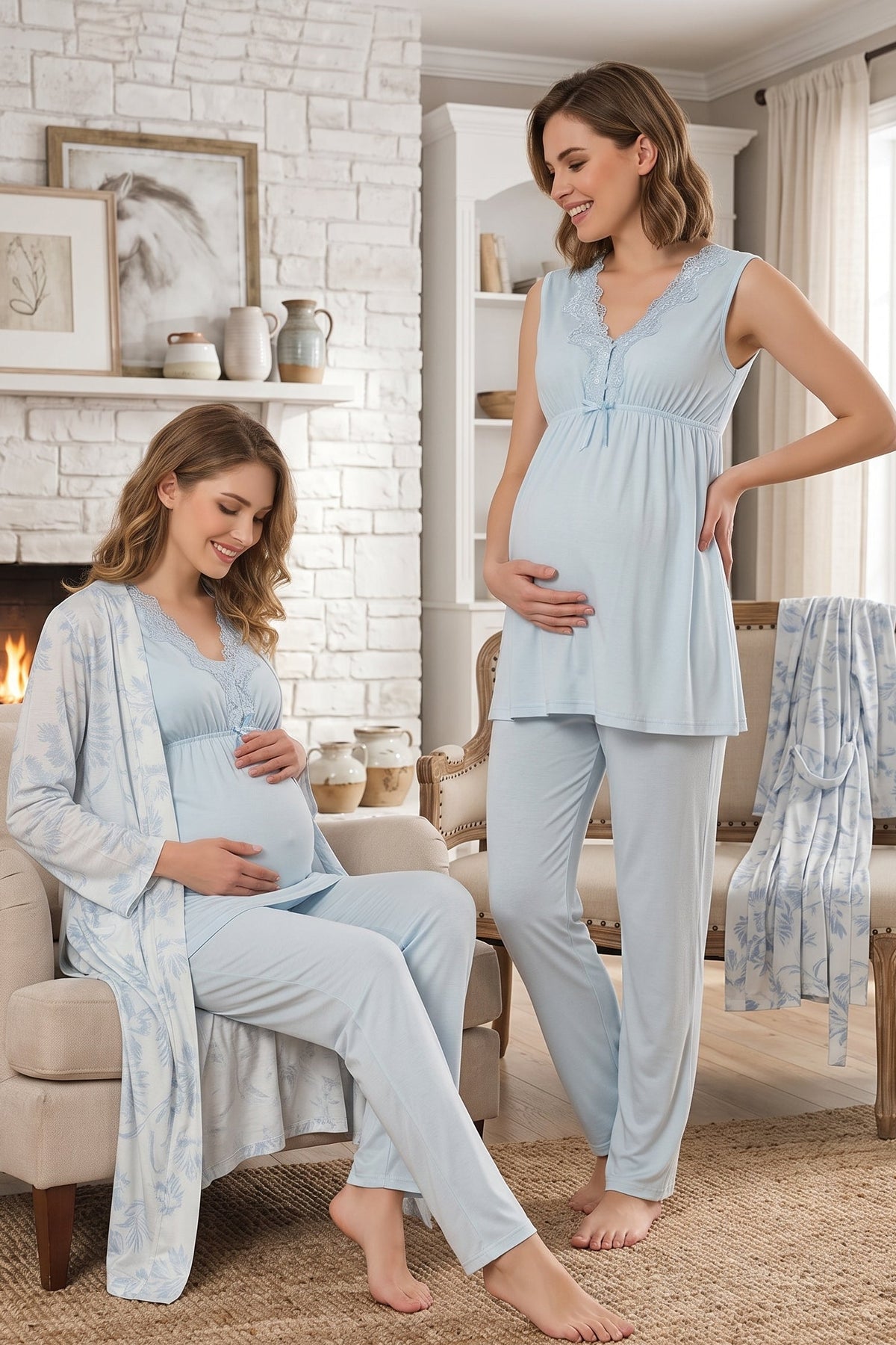 Elegant Lace Collar 3-Piece Maternity Feeding-Friendly Pajama & Patterned Robe Set Blue - T8034
