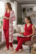Elegant Lace Collar 3-Piece Maternity Feeding-Friendly Pajama & Patterned Robe Set Cherry - T8034