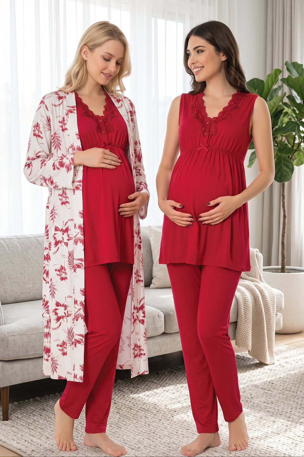 Elegant Lace Collar 3-Piece Maternity Feeding-Friendly Pajama & Patterned Robe Set Cherry - T8034