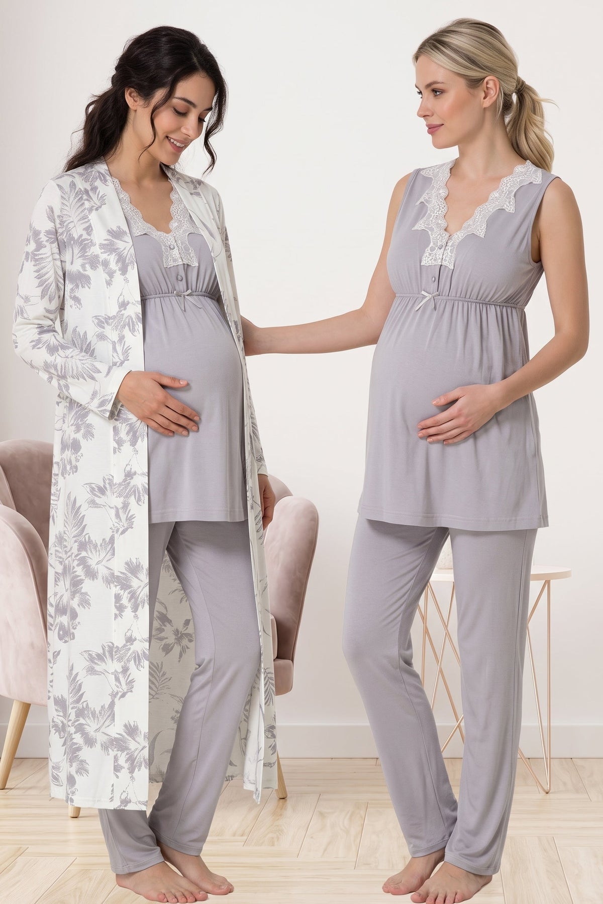 Elegant Lace Collar 3-Piece Maternity Feeding-Friendly Pajama & Patterned Robe Set Grey - T8034
