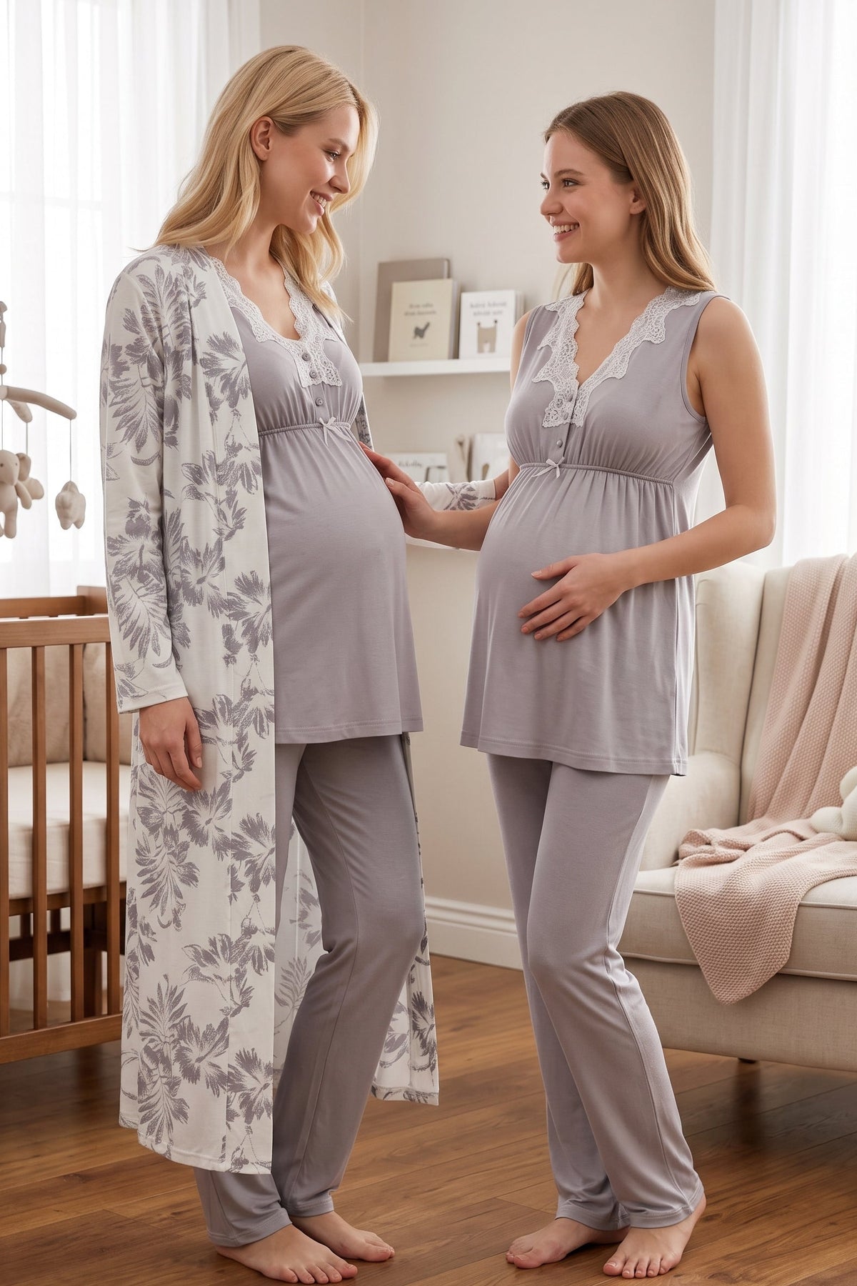 Elegant Lace Collar 3-Piece Maternity Feeding-Friendly Pajama & Patterned Robe Set Grey - T8034
