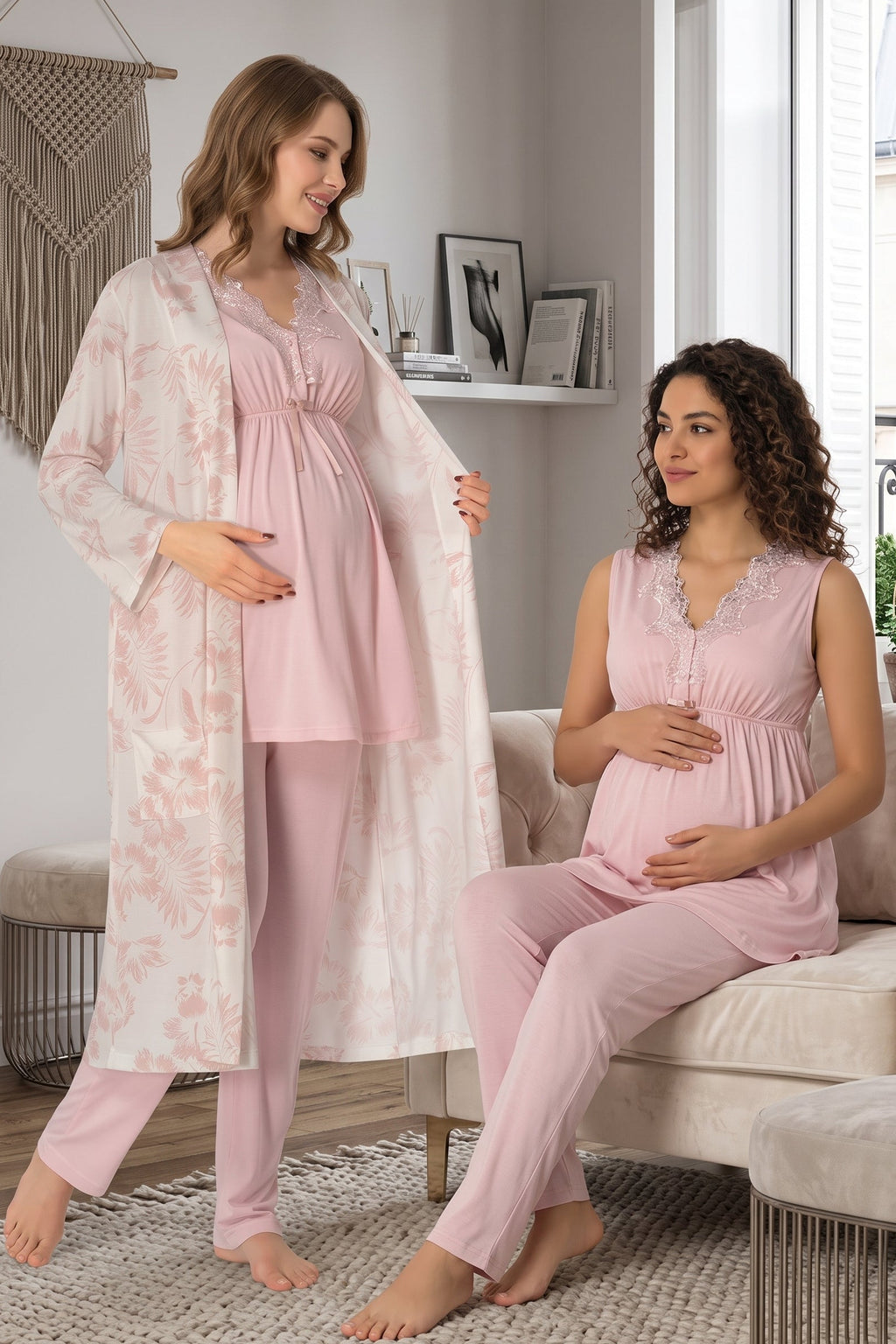 Elegant Lace Collar 3-Piece Maternity Feeding-Friendly Pajama & Patterned Robe Set Pink - T8034