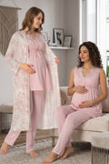 Elegant Lace Collar 3-Piece Maternity Feeding-Friendly Pajama & Patterned Robe Set Pink - T8034