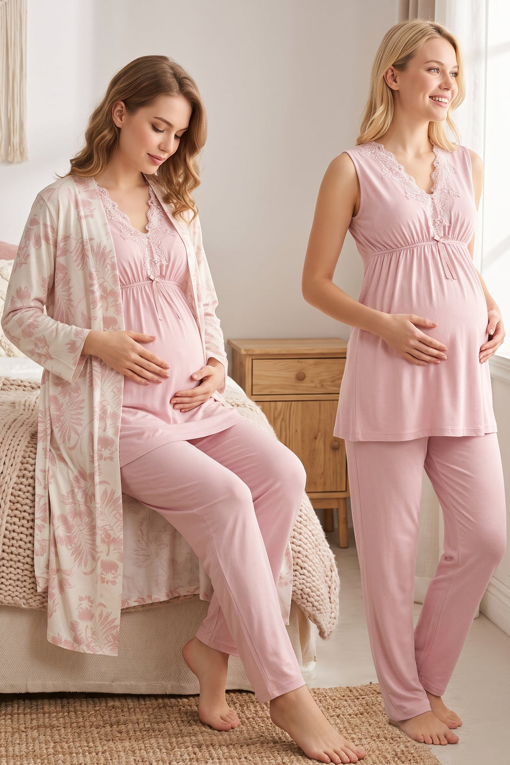 Elegant Lace Collar 3-Piece Maternity Feeding-Friendly Pajama & Patterned Robe Set Pink - T8034