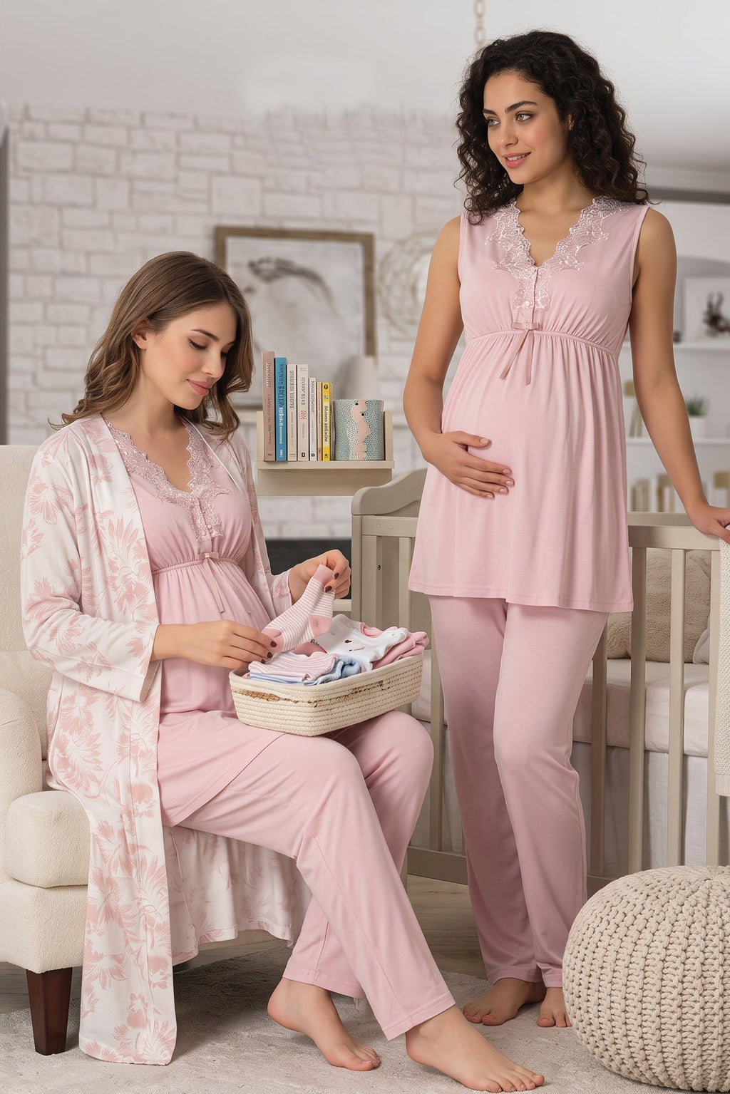 Elegant Lace Collar 3-Piece Maternity Feeding-Friendly Pajama & Patterned Robe Set Pink - T8034