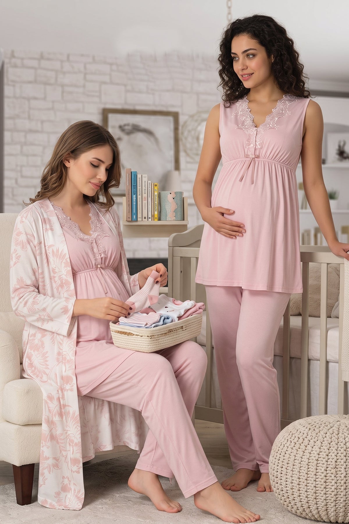 Elegant Lace Collar 3-Piece Maternity Feeding-Friendly Pajama & Patterned Robe Set Pink - T8034