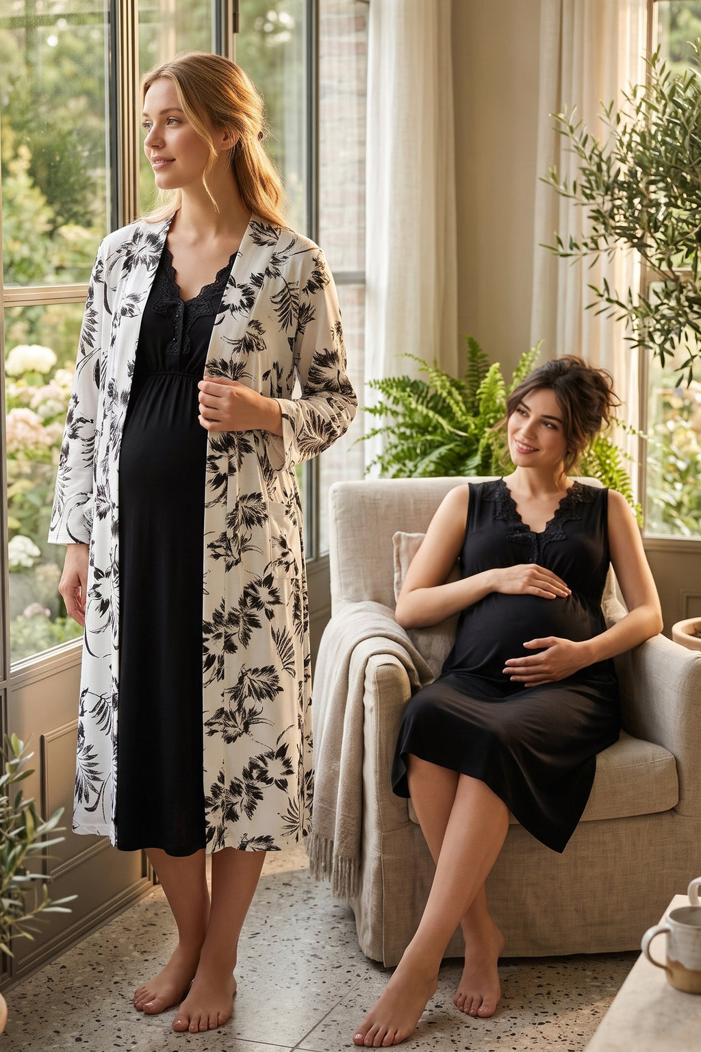 Elegant Lace Collar Maternity Feeding-Friendly Nightgown & Patterned Robe Set Black - T8035