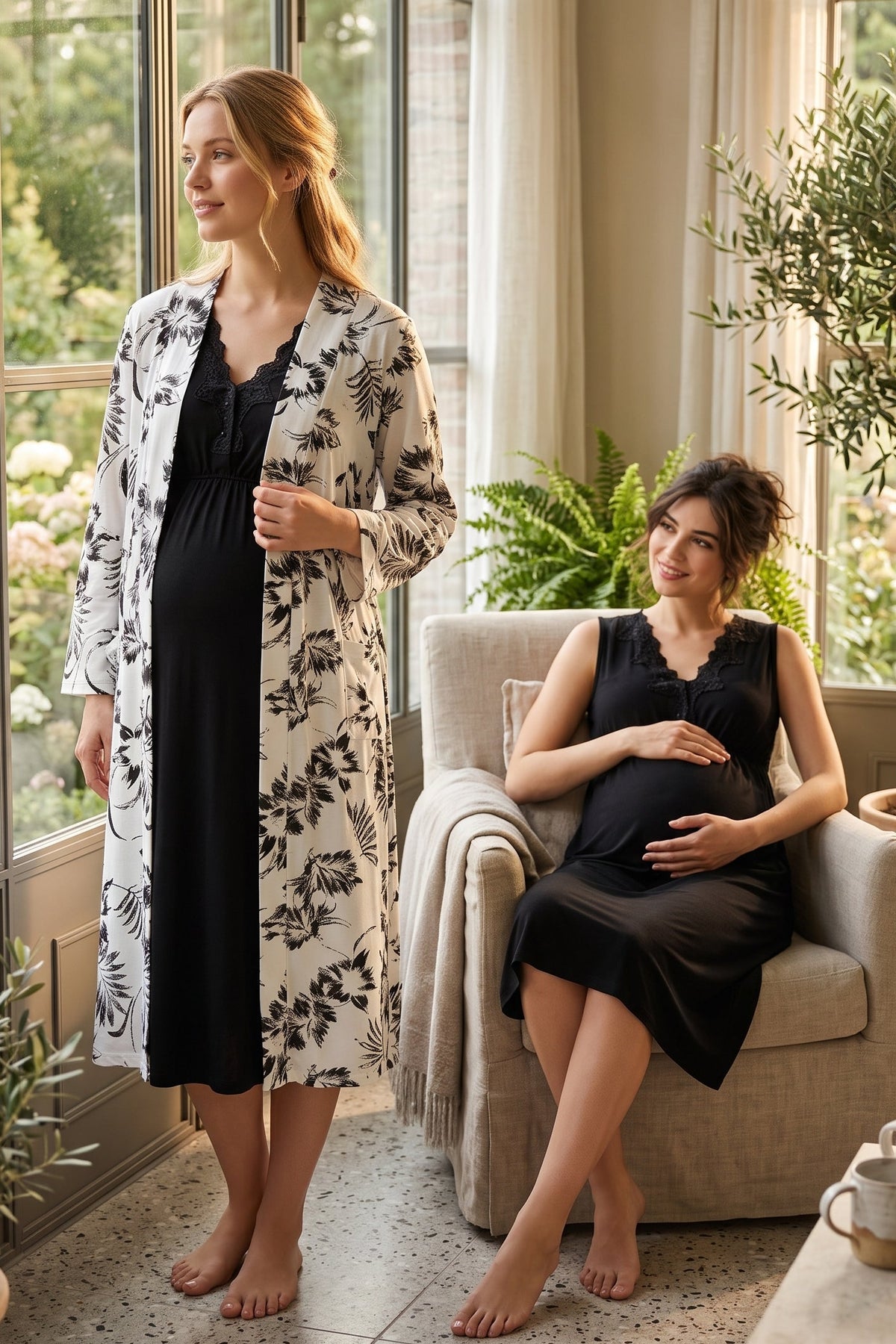 Elegant Lace Collar Maternity Feeding-Friendly Nightgown & Patterned Robe Set Black - T8035