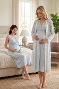 Elegant Lace Collar Maternity Feeding-Friendly Nightgown & Patterned Robe Set Blue - T8035