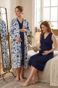 Elegant Lace Collar Maternity Feeding-Friendly Nightgown & Patterned Robe Set Navy Blue - T8035