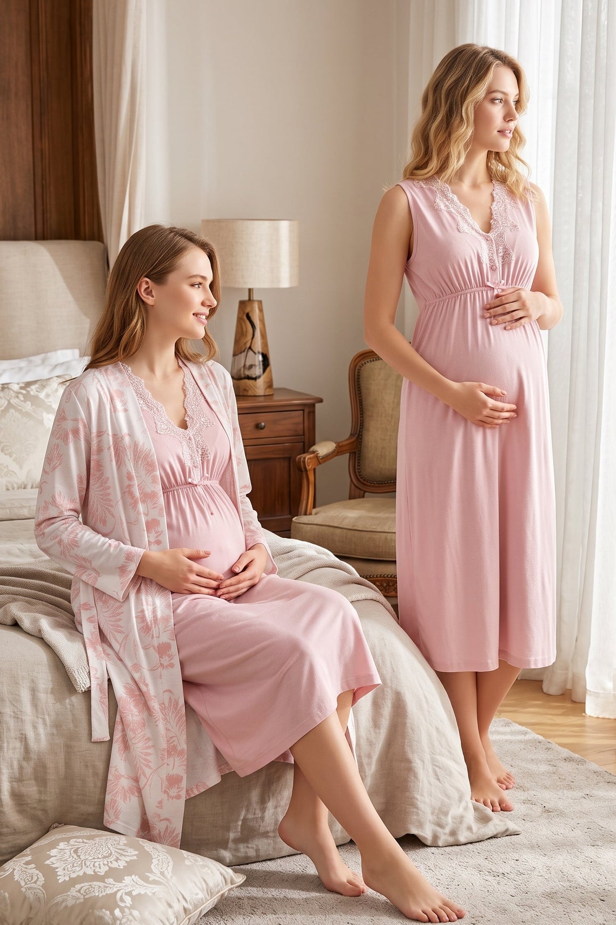Elegant Lace Collar Maternity Feeding-Friendly Nightgown & Patterned Robe Set Pink - T8035