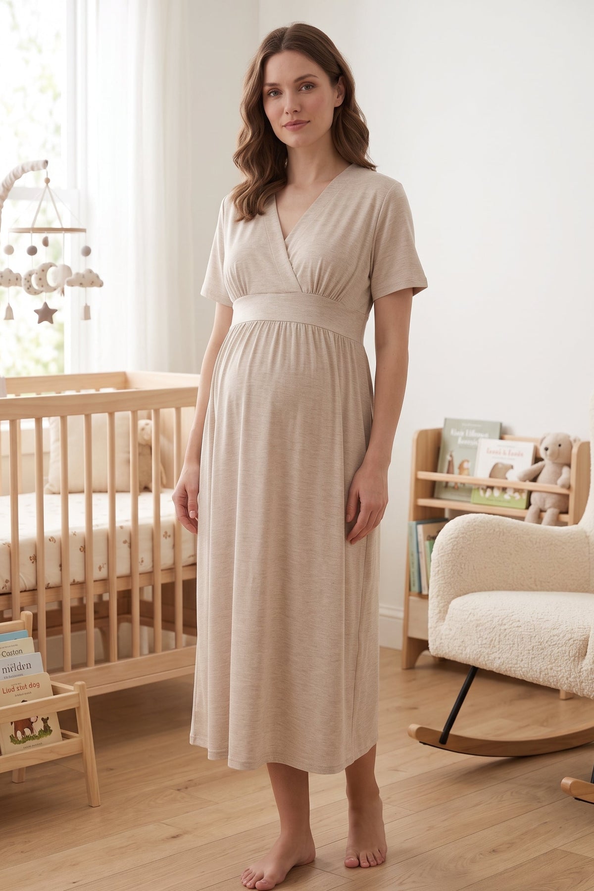 Wrap V-Neck Soft Jersey Maternity Feeding-Friendly Nightgown Beige - T8078