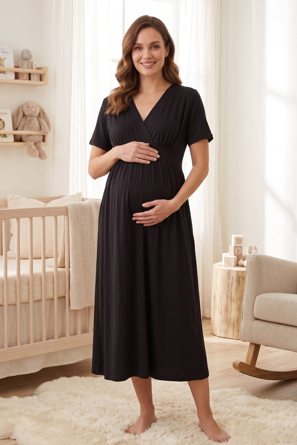 Wrap V-Neck Soft Jersey Maternity Feeding-Friendly Nightgown Black - T8078
