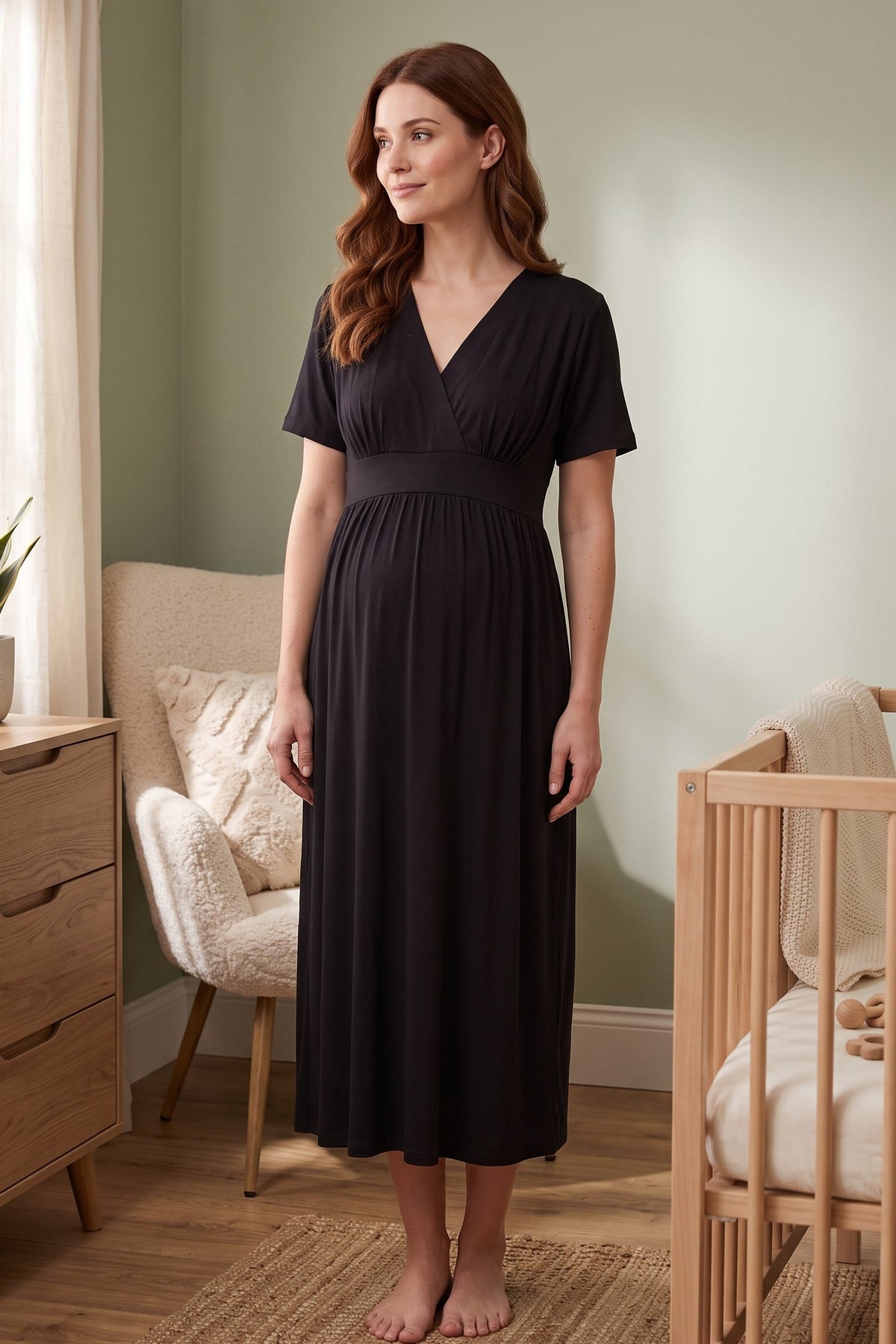 Wrap V-Neck Soft Jersey Maternity Feeding-Friendly Nightgown Black - T8078