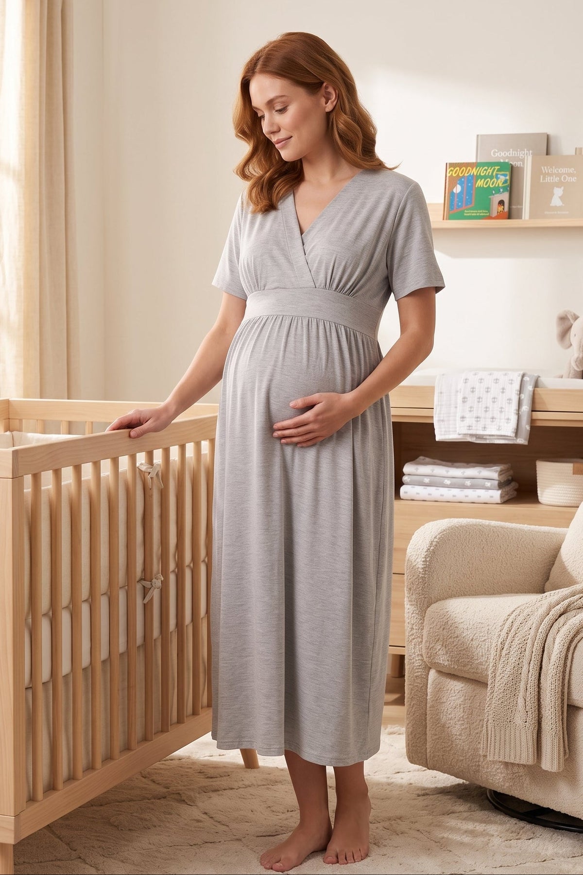 Wrap V-Neck Soft Jersey Maternity Feeding-Friendly Nightgown Grey - T8078