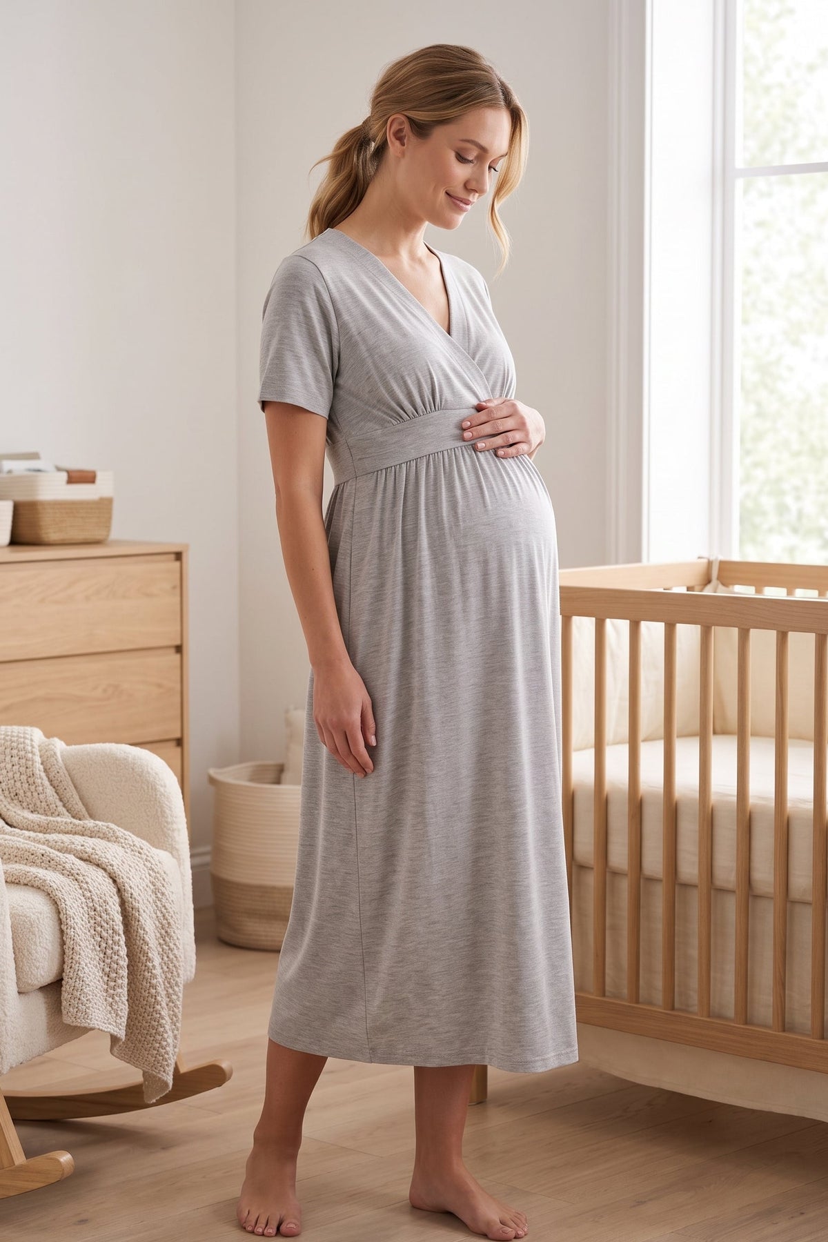 Wrap V-Neck Soft Jersey Maternity Feeding-Friendly Nightgown Grey - T8078